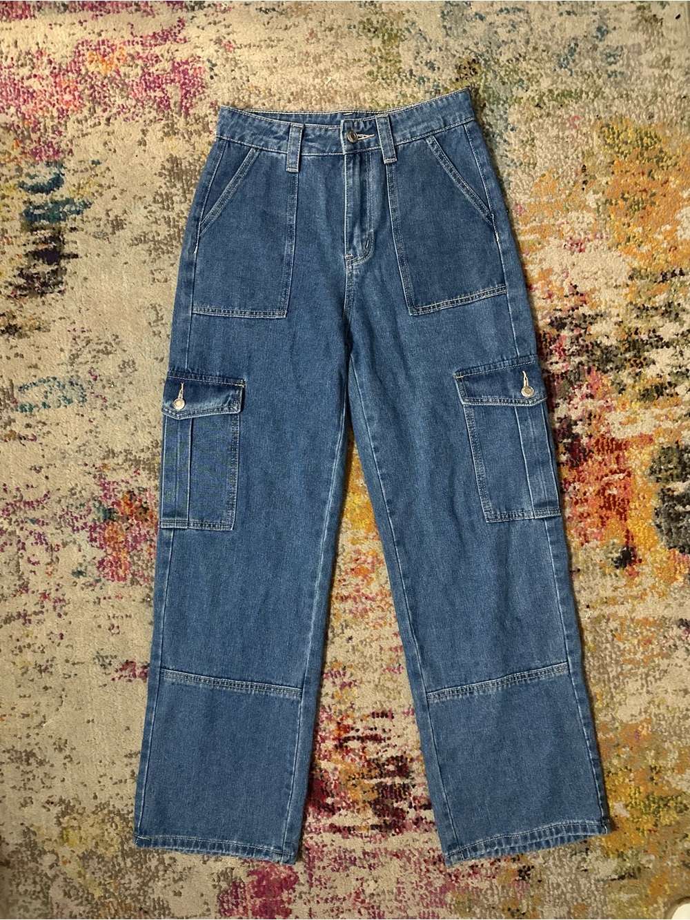 FIVSUN | High-Waisted Wide-Leg Blue Denim Baggy Cargo Jeans | Size 4 (Small)